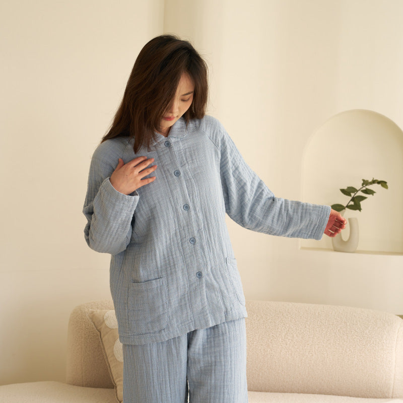60S Cotton Four-Layer Yarn Home Clothes Class A Maternal and Infant Grade Japanese Autumn and Winter Couples Cotton Pajamas Casual suit